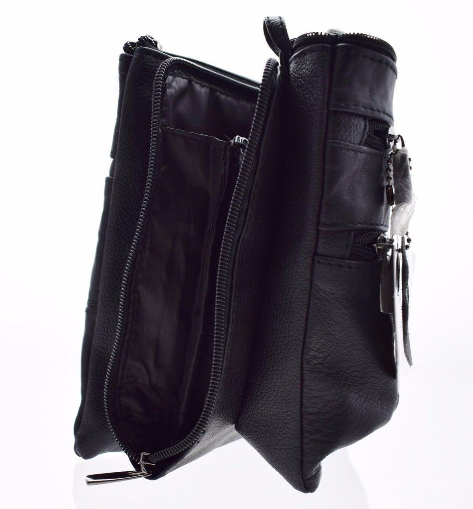 Lorenz Genuine Cowhide Leather Crossbody Shoulder Bag 3 Zipper Compartments