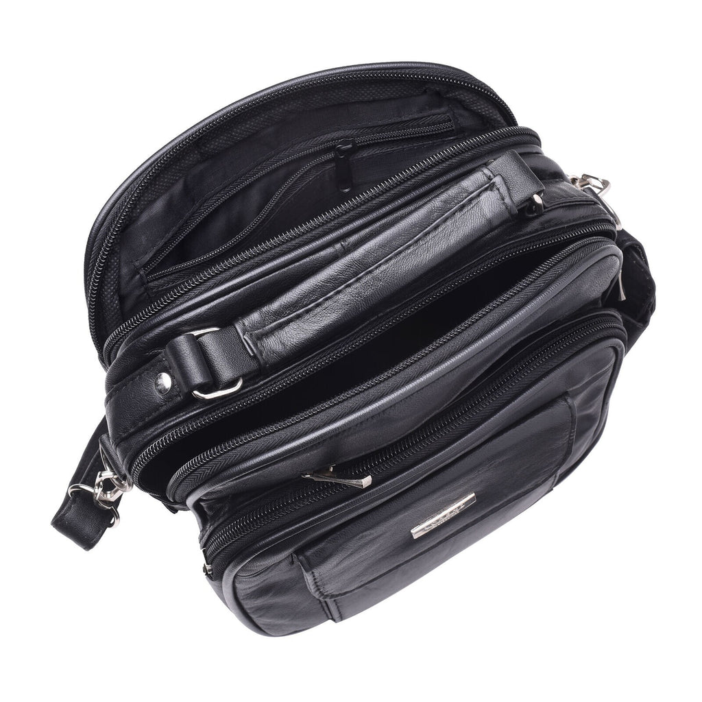 Black Leather Men Women Gents Travel Shoulder Handbag Cross Body Bag Zip Around