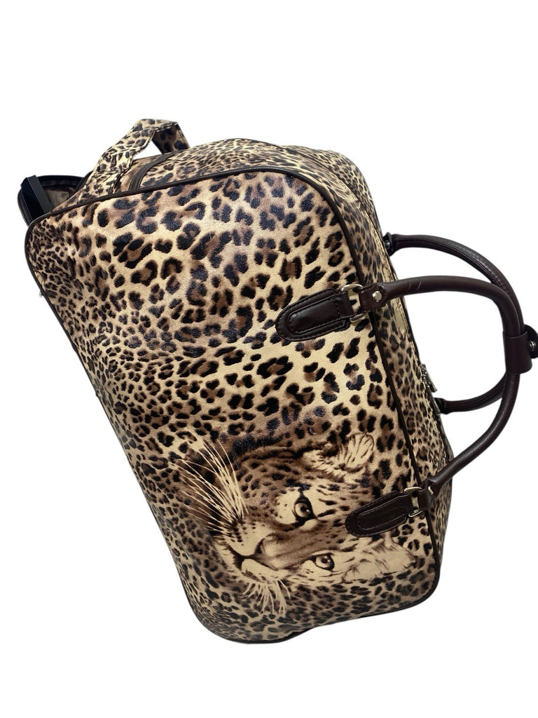 Ladies Leopard Animal Print Travel Holdall Wheeled Bag Fashion Hand Luggage New