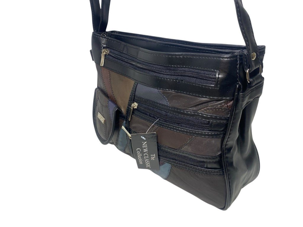 Ladies Womens Patchwork Leather Handbag Shoulder Cross Body Bag Multiple Zip New