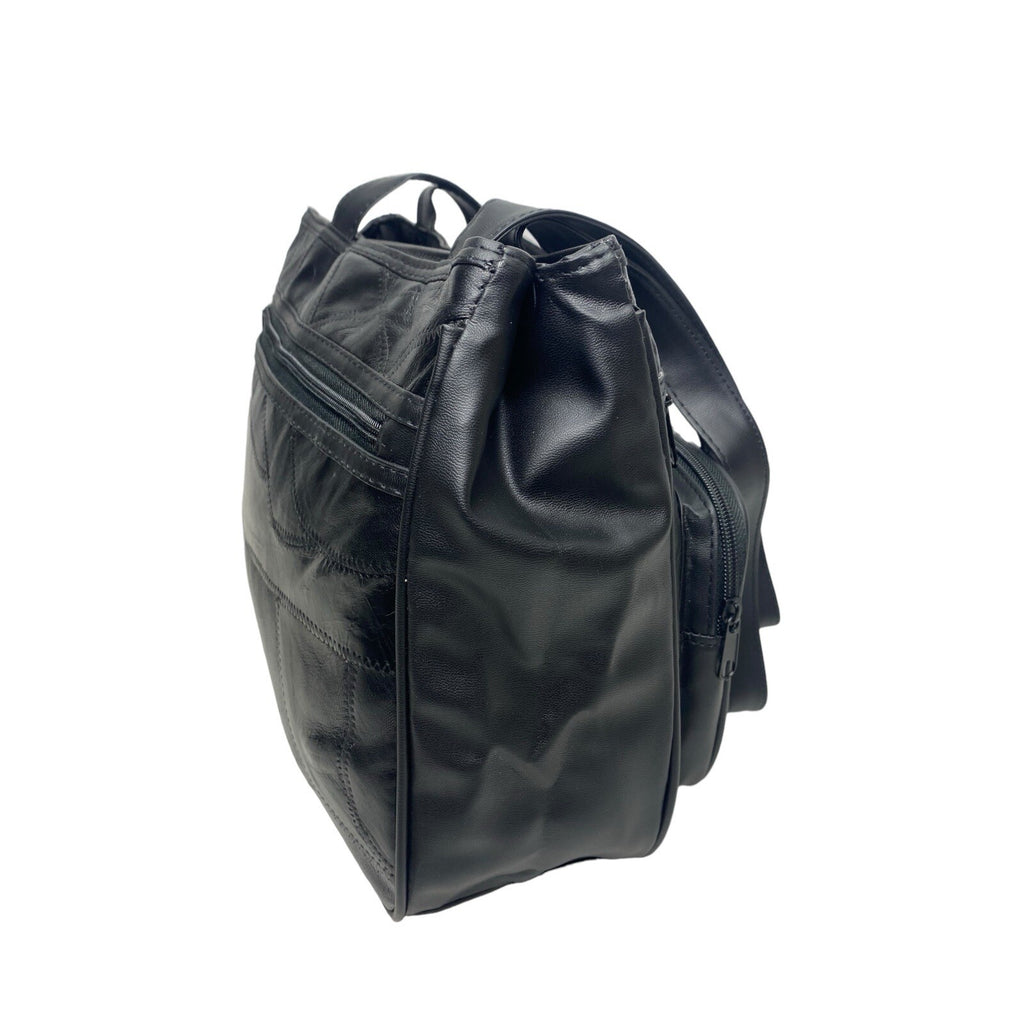 Ladies Womens Patch Leather Twin Compartment Shoulder Fashion Bag Handbag Black