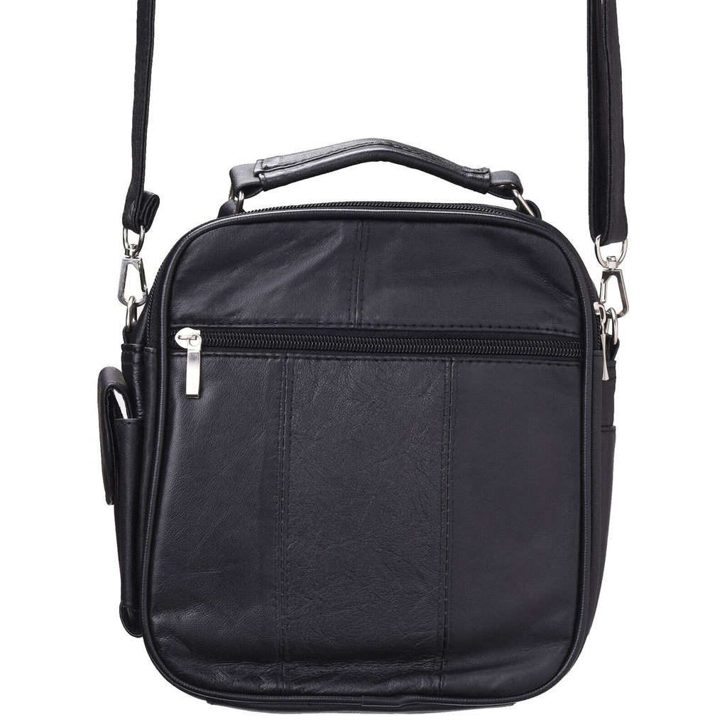 Black Leather Men Women Gents Travel Shoulder Handbag Cross Body Bag Zip Around