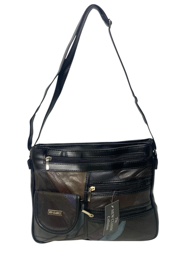 Ladies Womens Patchwork Leather Handbag Shoulder Cross Body Bag Multiple Zip New