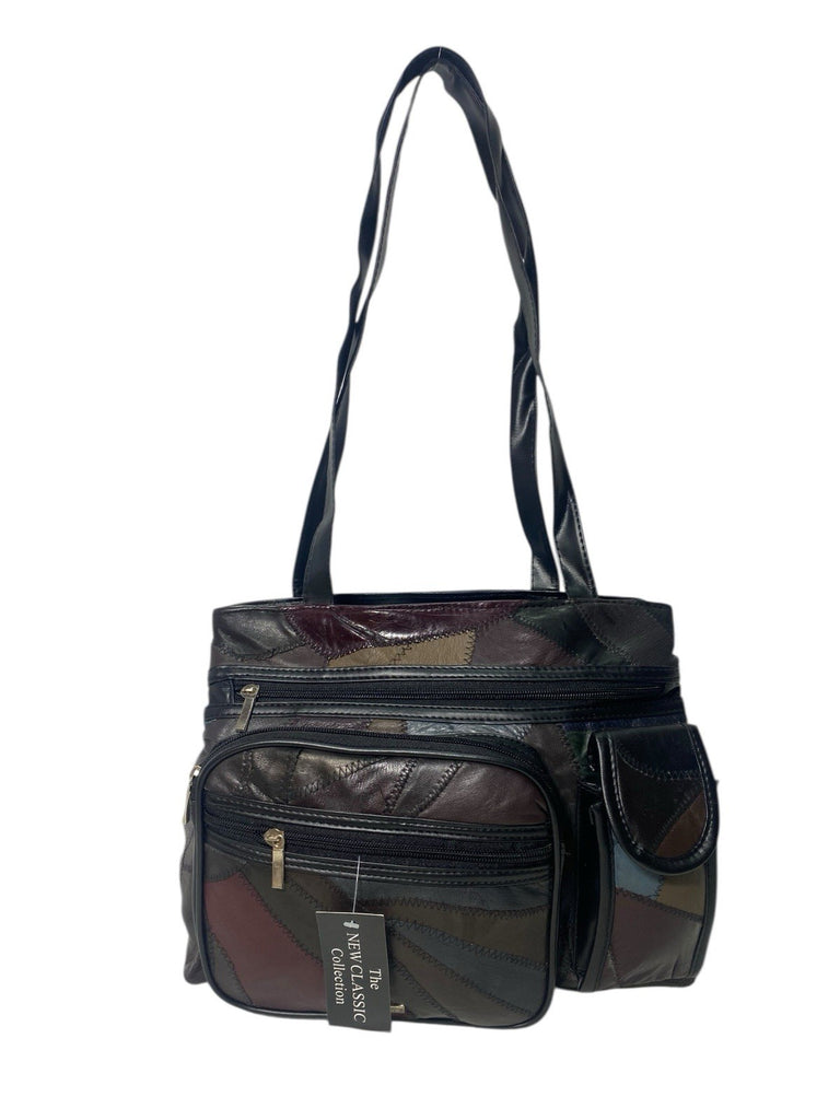 Ladies Womens Patchwork Leather Handbag Shoulder Bag Multiple Zipped New