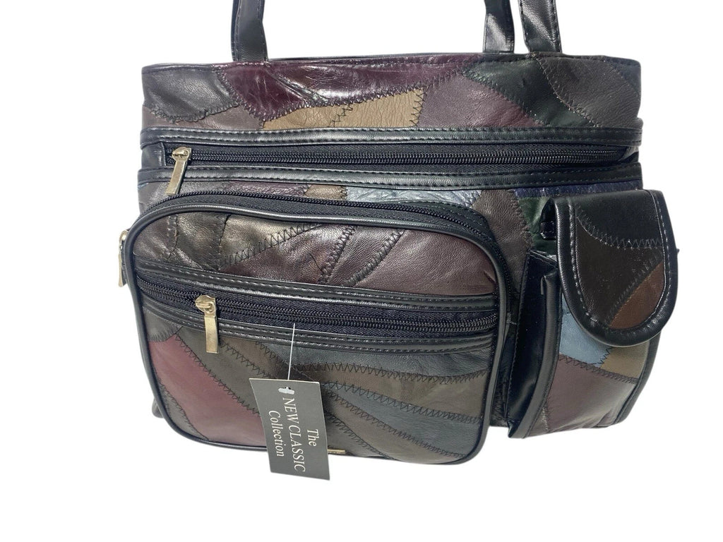 Ladies Womens Patchwork Leather Handbag Shoulder Bag Multiple Zipped New