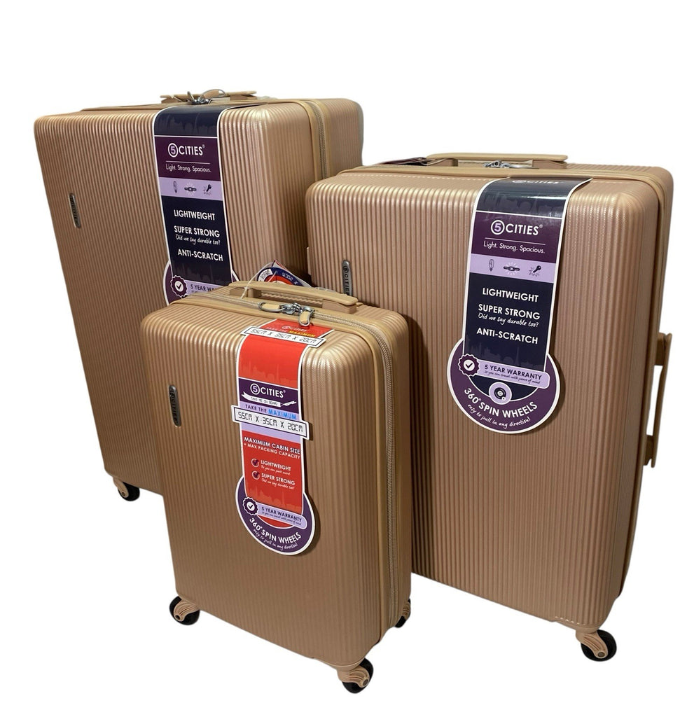 5 Cities ABS Hard Shell Lightweight 3 Piece Suitcase Set 21" 25" 29" Rose Gold