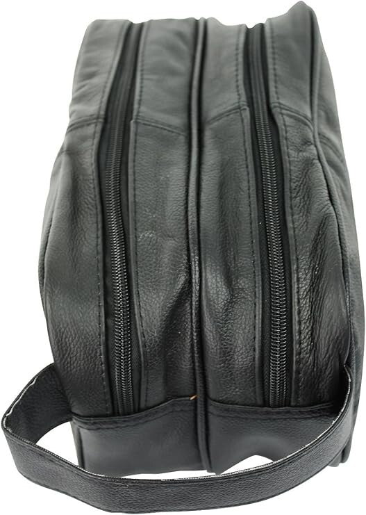 Lorenz Cowhide Leather Wash Bag Large Double Zipped Black Toiletries Travel Bag
