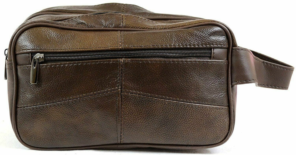 Lorenz Cowhide Leather Wash Bag Large Double Zipped Dark Brown Toiletries Travel