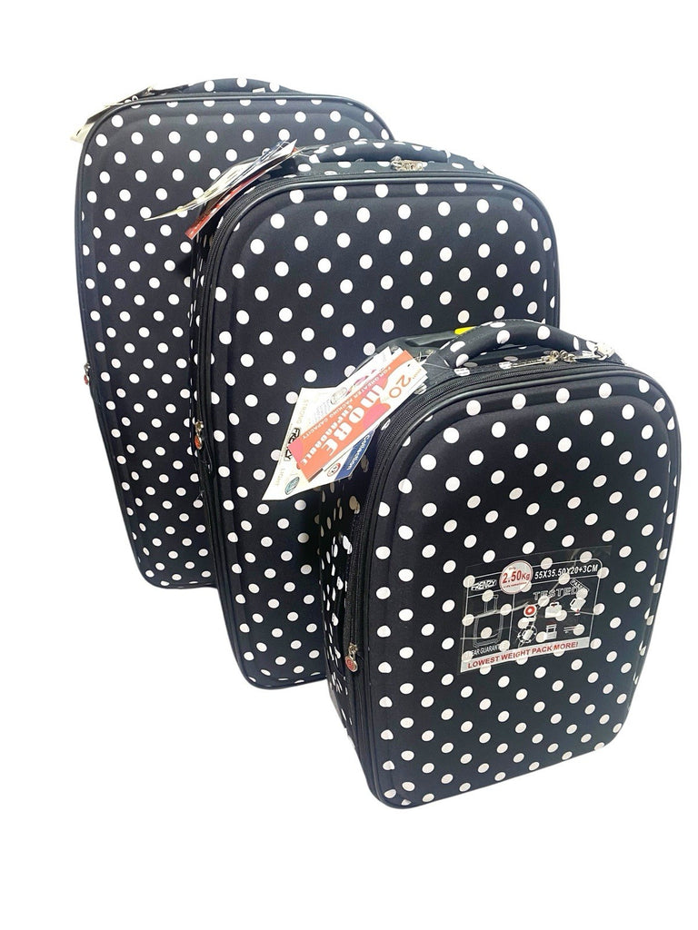 Frenzy Polka Dot 3 Piece Suitcase Set Wheeled Bag  21" 26" 29"  Black 2 Wheeled