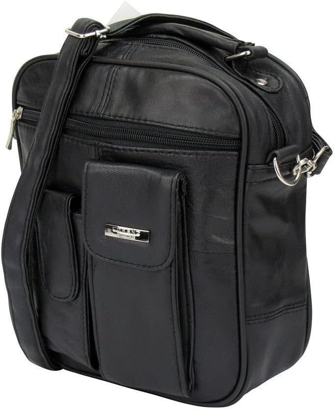 Lorenz Unisex Soft Leather Multi Zipped Compartments Cross Body Travel Bag Black