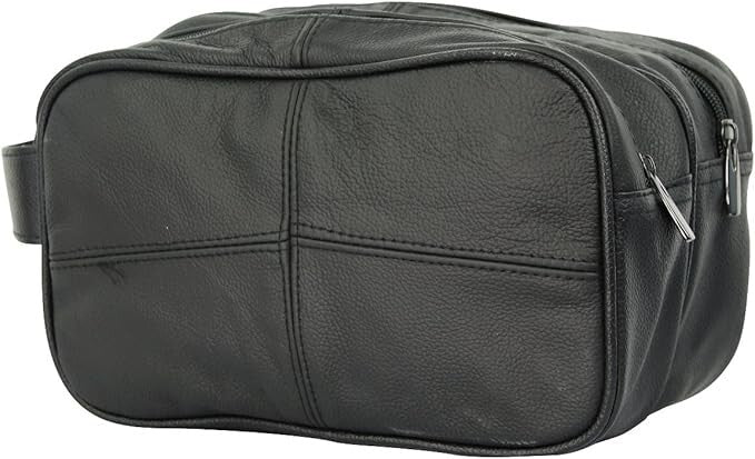 Lorenz Cowhide Leather Wash Bag Large Double Zipped Black Toiletries Travel Bag