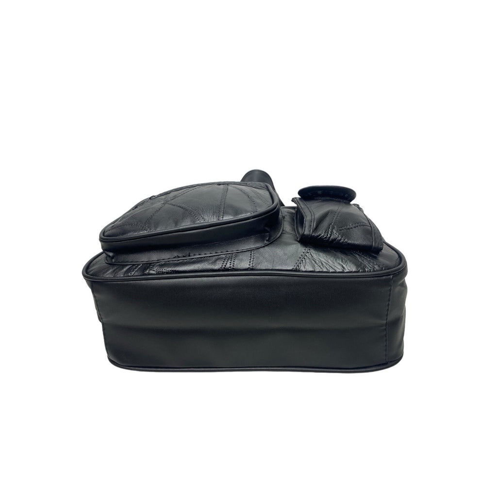 Ladies Womens Patch Leather Twin Compartment Shoulder Fashion Bag Handbag Black