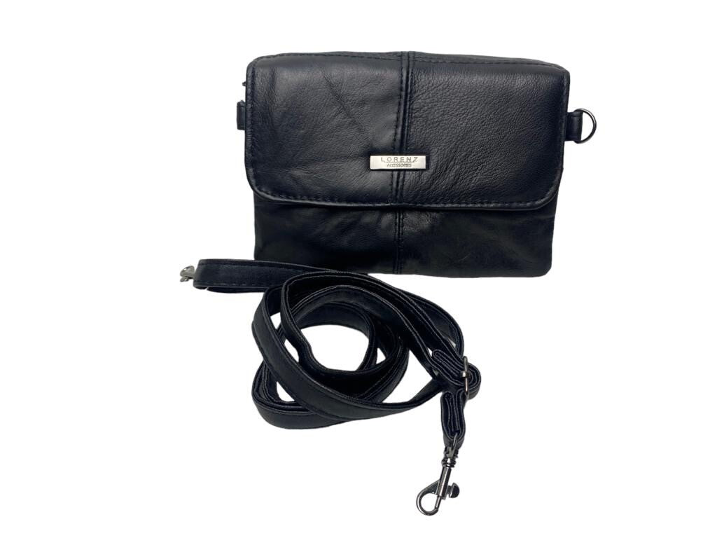 Lorenz Womens Soft Leather Purse Bag Clutch Triple Zipped Detachable Strap Black