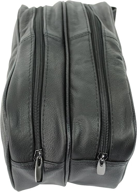 Lorenz Cowhide Leather Wash Bag Large Double Zipped Black Toiletries Travel Bag