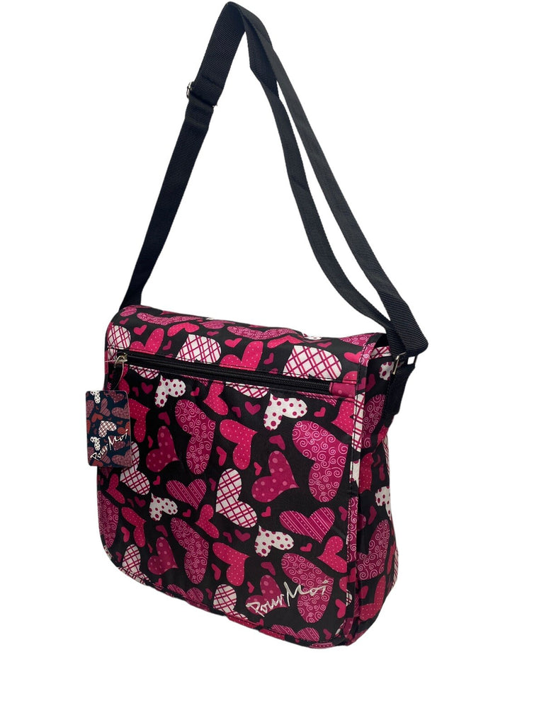 Pour Moi A4 Hearts Messenger Dispatch Bag School College Travel Satchel Black