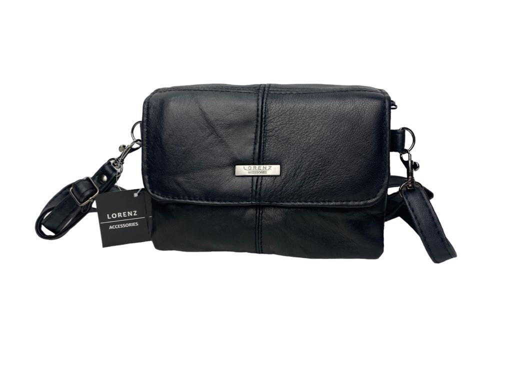 Lorenz Womens Soft Leather Purse Bag Clutch Triple Zipped Detachable Strap Black