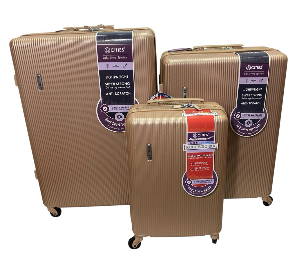 5 Cities ABS Hard Shell Lightweight 3 Piece Suitcase Set 21" 25" 29" Rose Gold
