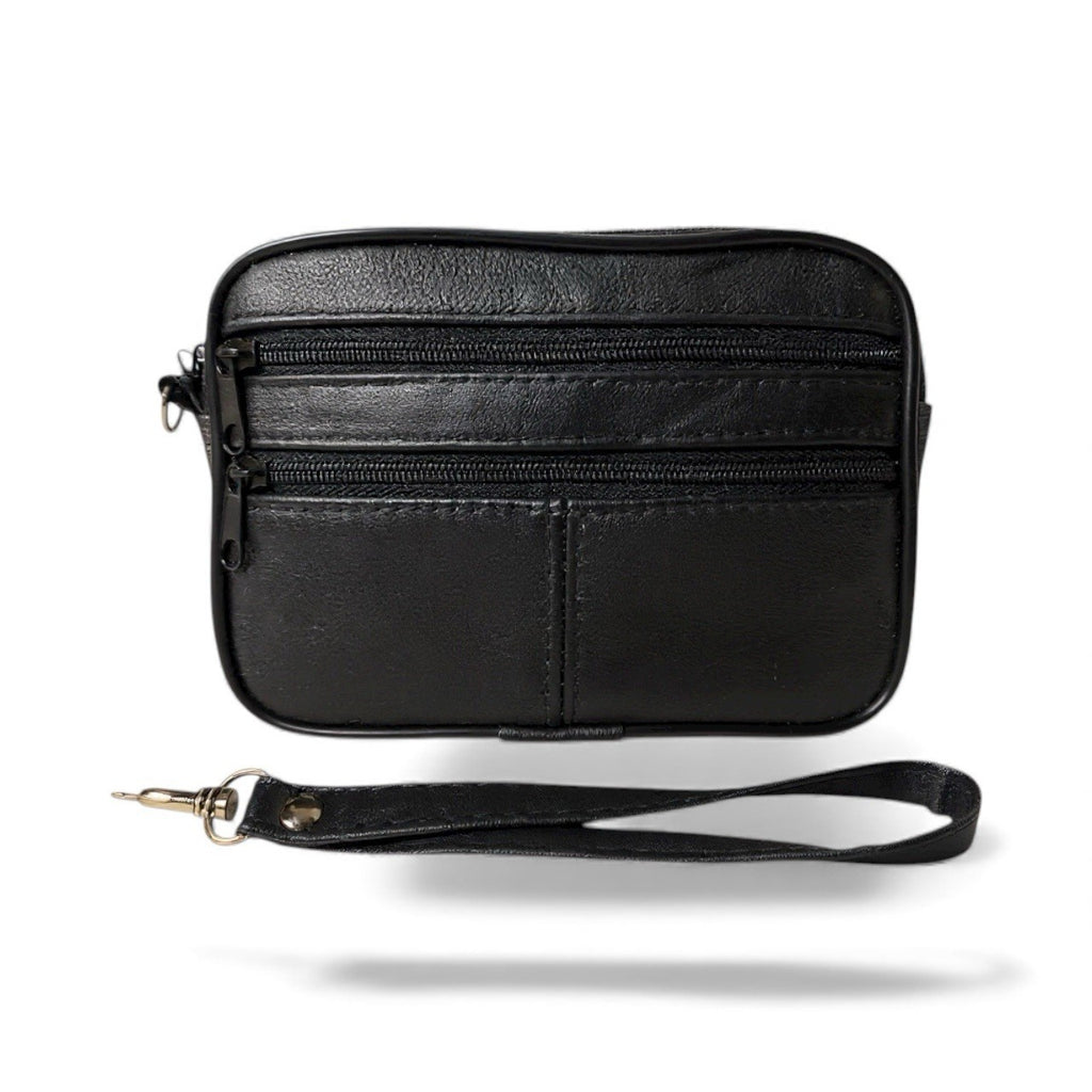 Soft Leather Unisex Black Zipped Coin Change Wallet Purse Pouch Wrist Strap New
