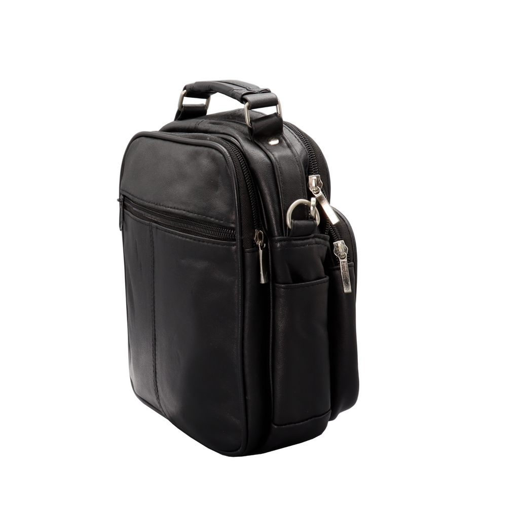 Black Leather Men Women Gents Travel Shoulder Handbag Cross Body Bag Zip Around