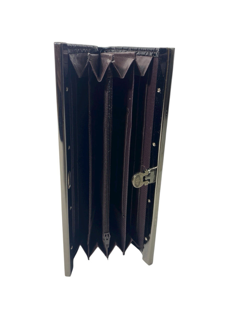 Ladies Patent Croc Clutch Slim Frame Purse With Clasp Cards Notes Coins New