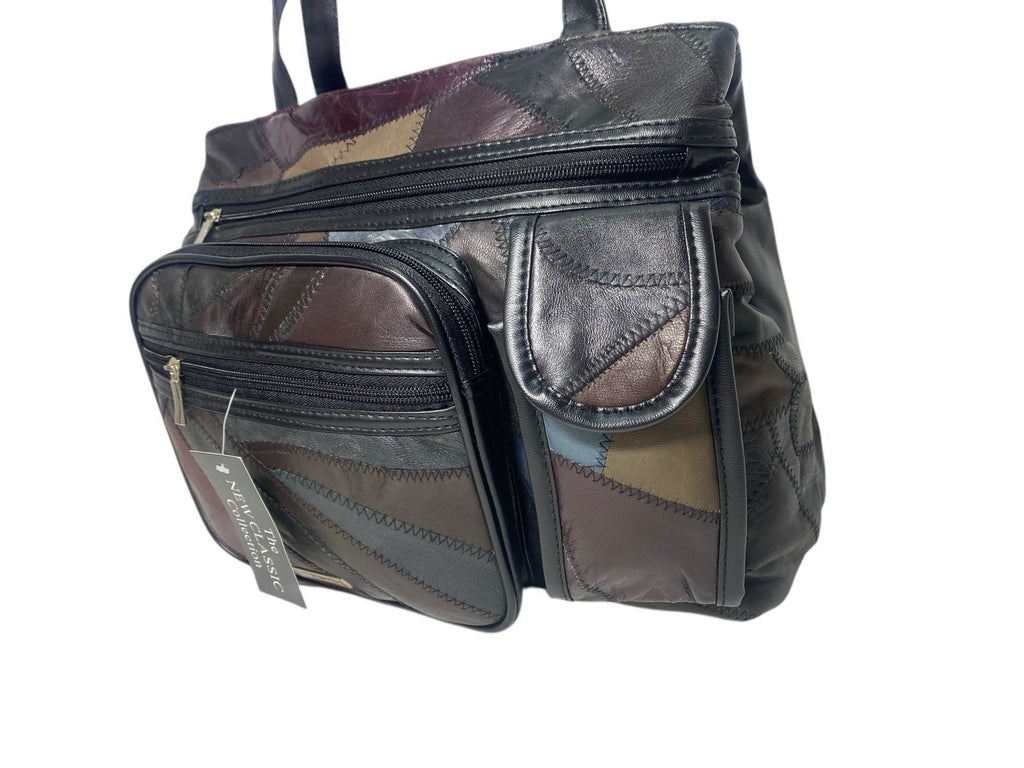 Ladies Womens Patchwork Leather Handbag Shoulder Bag Multiple Zipped New