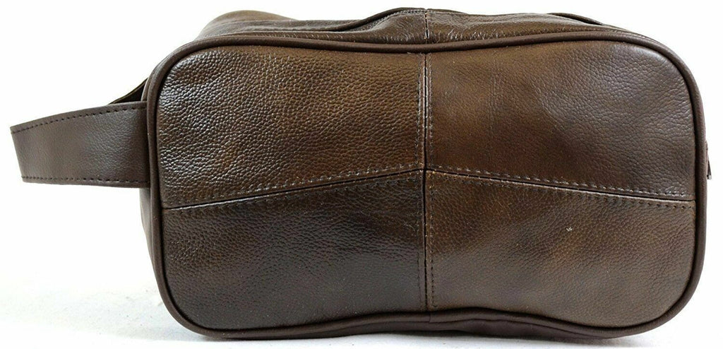 Lorenz Cowhide Leather Wash Bag Large Double Zipped Dark Brown Toiletries Travel
