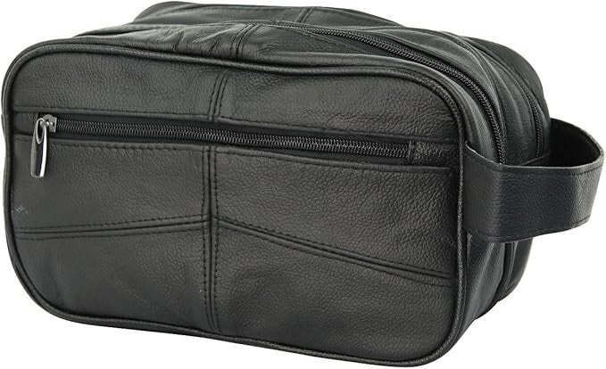 Lorenz Cowhide Leather Wash Bag Large Double Zipped Black Toiletries Travel Bag