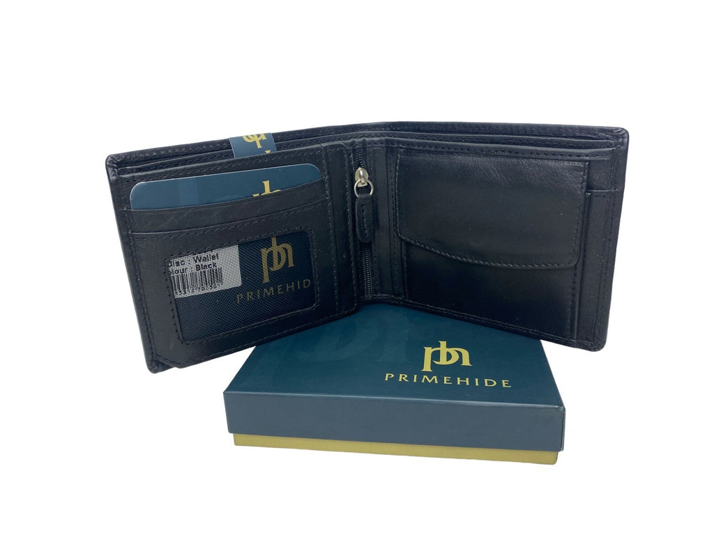 Primehide Mens Soft Luxury Leather Trifold Wallet Credit Card Black Gift Boxed