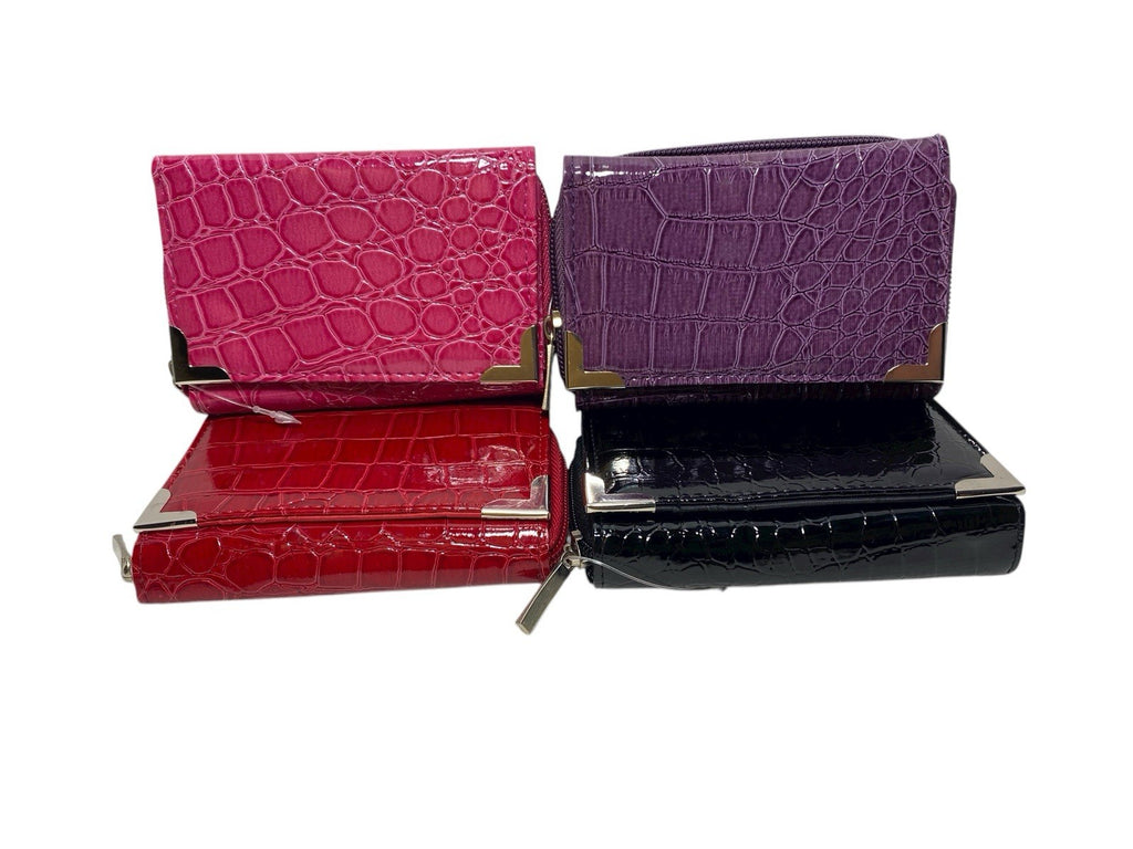 Fabretti Ladies Trifold Patent Croc Zip Around Coin Credit Card Notes Purse New