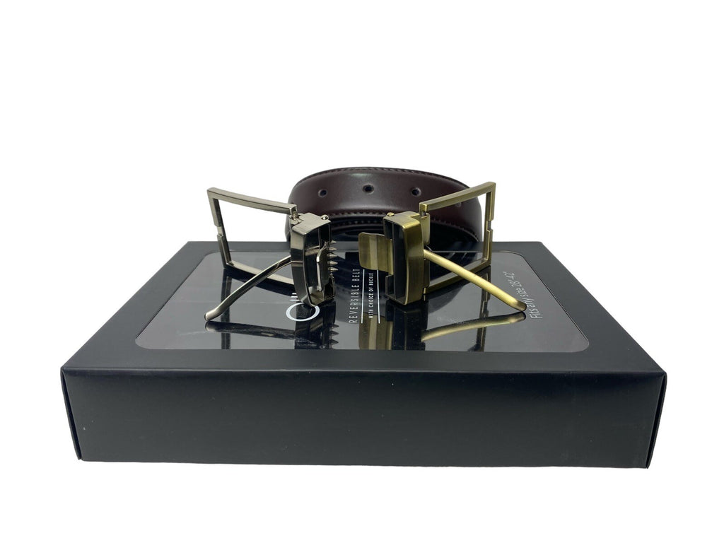 Ollys Mens Real Leather Reversible Belt With 2 Buckles Fits 28"- 42" Gift Box