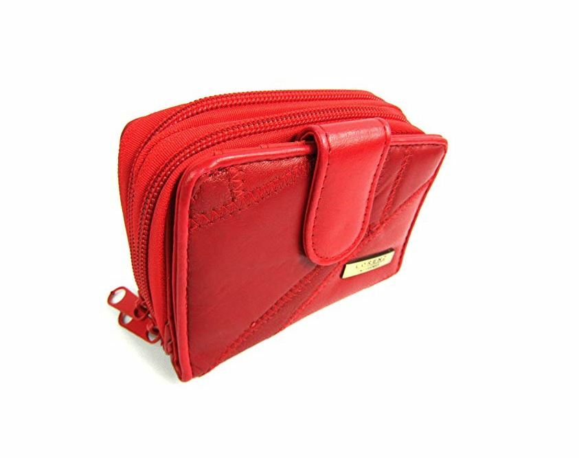 Lorenz 12cm Soft Leather Patchwork Twin Zip Round Purse Wallet ID Window Red