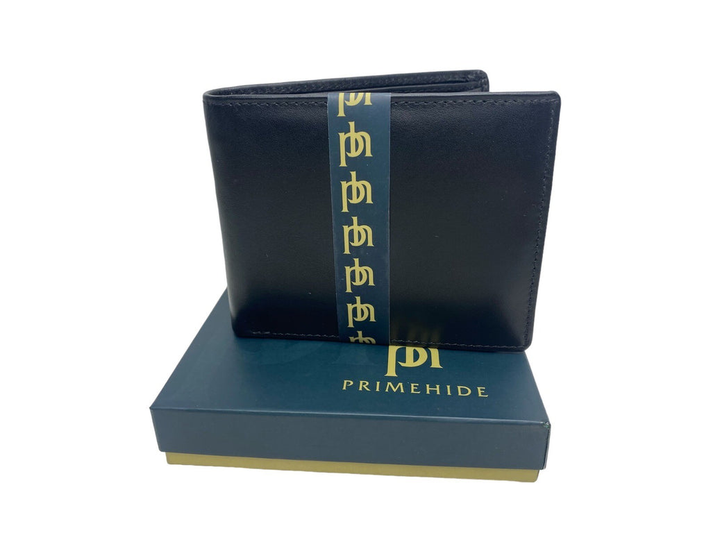 Primehide Mens Soft Luxury Leather Trifold Wallet Credit Card Black Gift Boxed