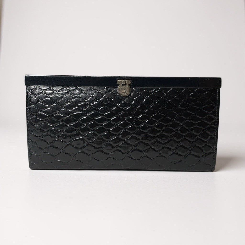 Ladies Patent Croc Clutch Slim Frame Purse With Clasp Cards Notes Coins New