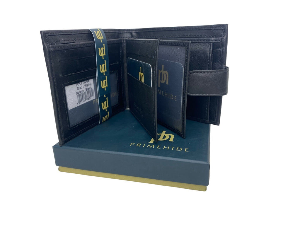 Primehide Mens Soft Luxury Leather Bifold Wallet Credit Card Black Gift Boxed