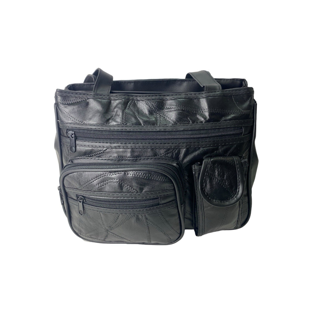 Ladies Womens Patch Leather Twin Compartment Shoulder Fashion Bag Handbag Black