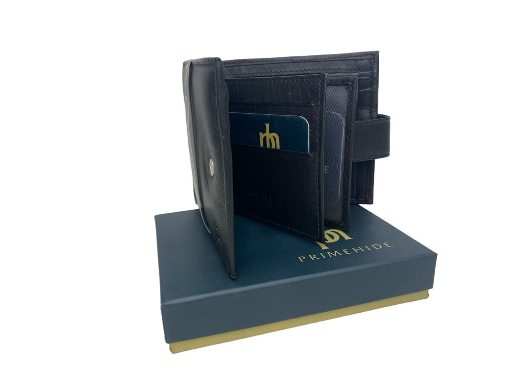 Primehide Mens Soft Luxury Leather Bifold Wallet Credit Card Black Gift Boxed