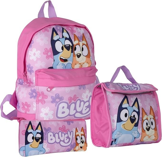 Bluey & Bingo Girls Kids Pink School Backpack Lunch Bag Pencil Case 3 Piece Set