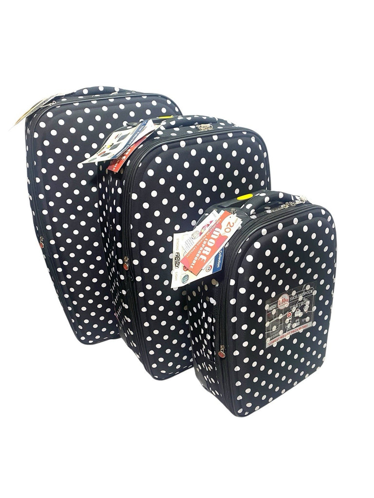 Frenzy Polka Dot 3 Piece Suitcase Set Wheeled Bag  21" 26" 29"  Black 2 Wheeled