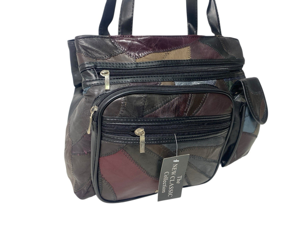 Ladies Womens Patchwork Leather Handbag Shoulder Bag Multiple Zipped New