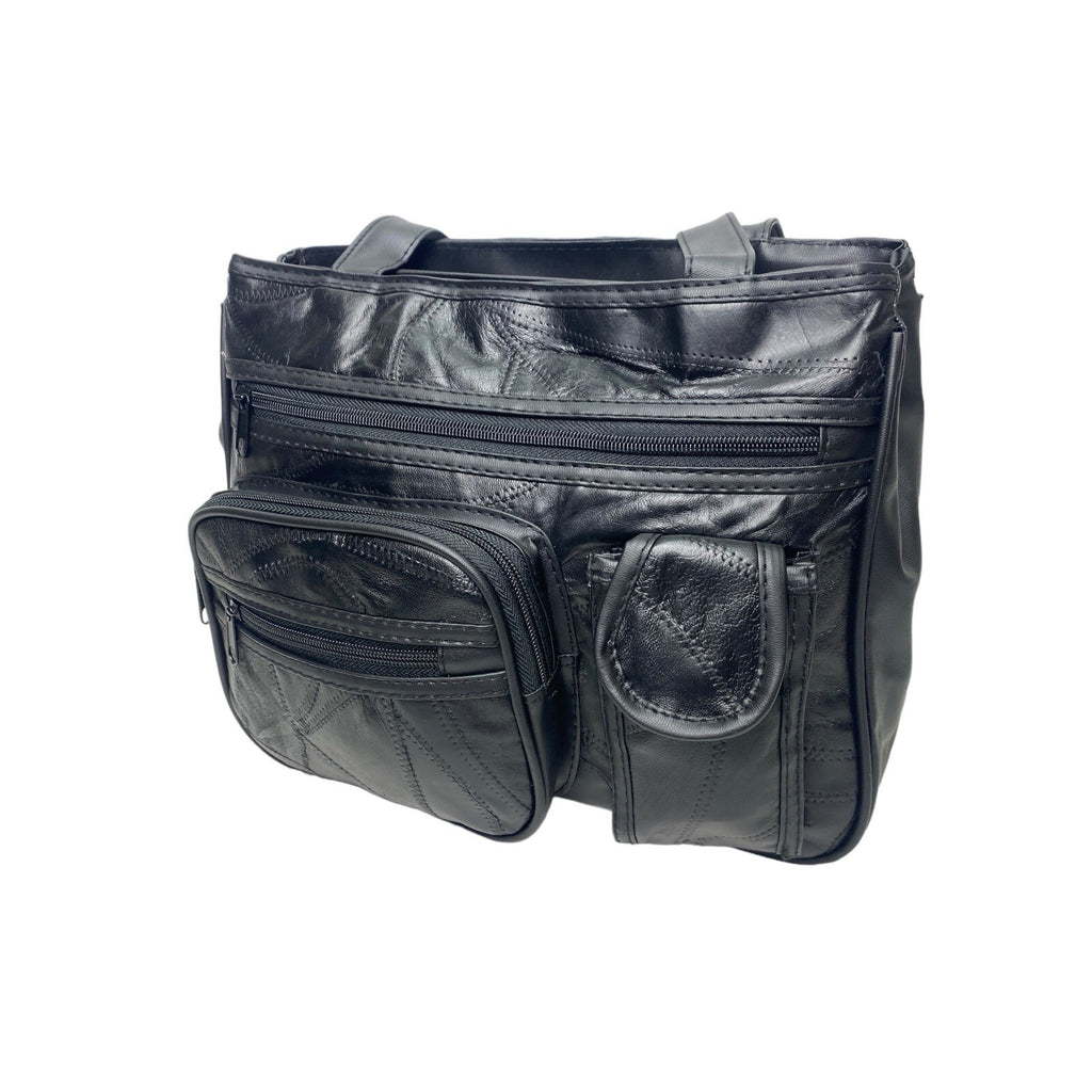 Ladies Womens Patch Leather Twin Compartment Shoulder Fashion Bag Handbag Black