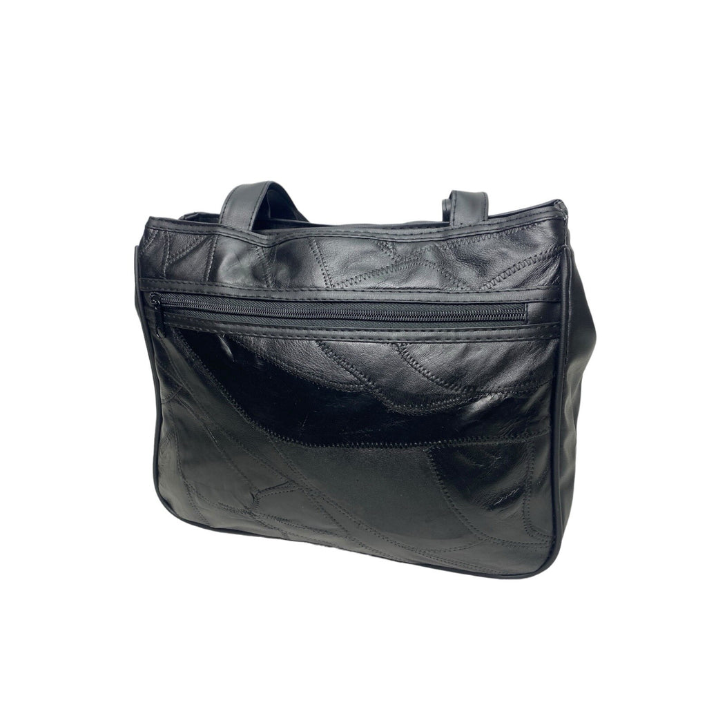 Ladies Womens Patch Leather Twin Compartment Shoulder Fashion Bag Handbag Black