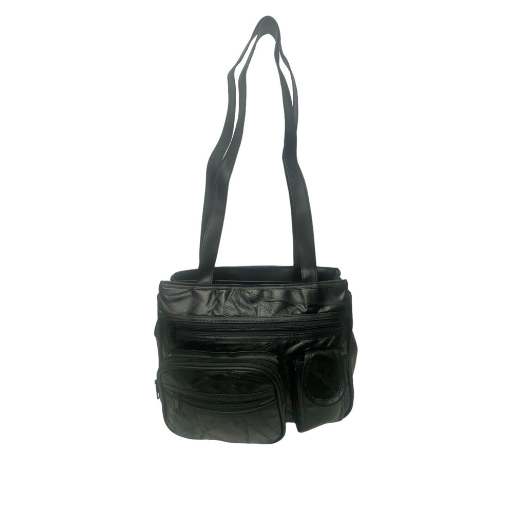 Ladies Womens Patch Leather Twin Compartment Shoulder Fashion Bag Handbag Black