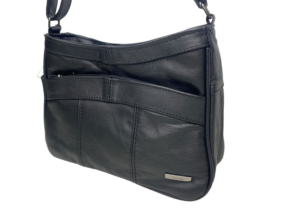 Lorenz Real Cow Hide Twin Top Leather Handbag Shoulder Bag Black