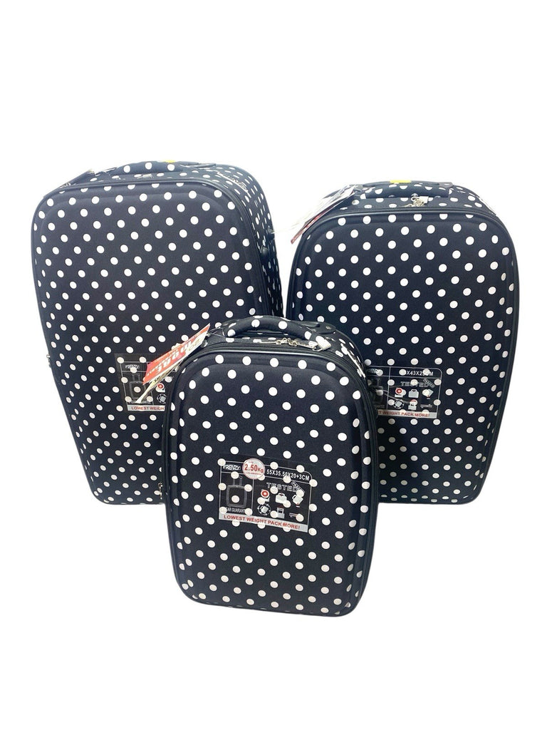 Frenzy Polka Dot 3 Piece Suitcase Set Wheeled Bag  21" 26" 29"  Black 2 Wheeled