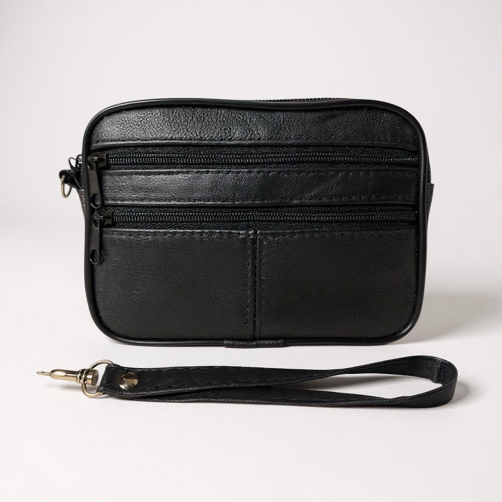 Soft Leather Unisex Black Zipped Coin Change Wallet Purse Pouch Wrist Strap New