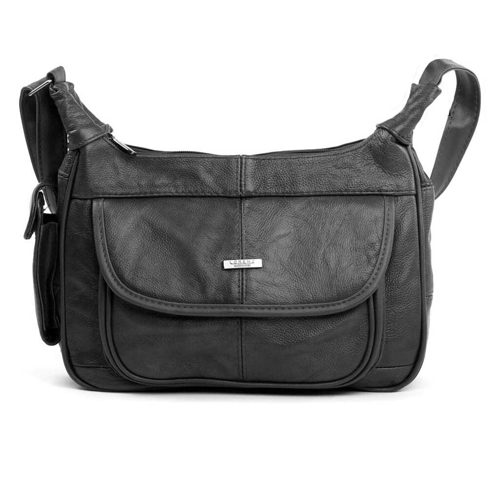 Women's Leather Twin Zipped Shoulder Cross Body Handbag with Adjustable Strap