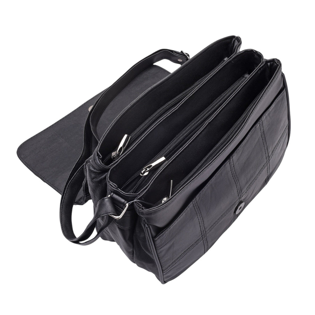 Lorenz Ladies  Sheep Nappa Leather Triple Section Flap Over Handbag Multi Zipped