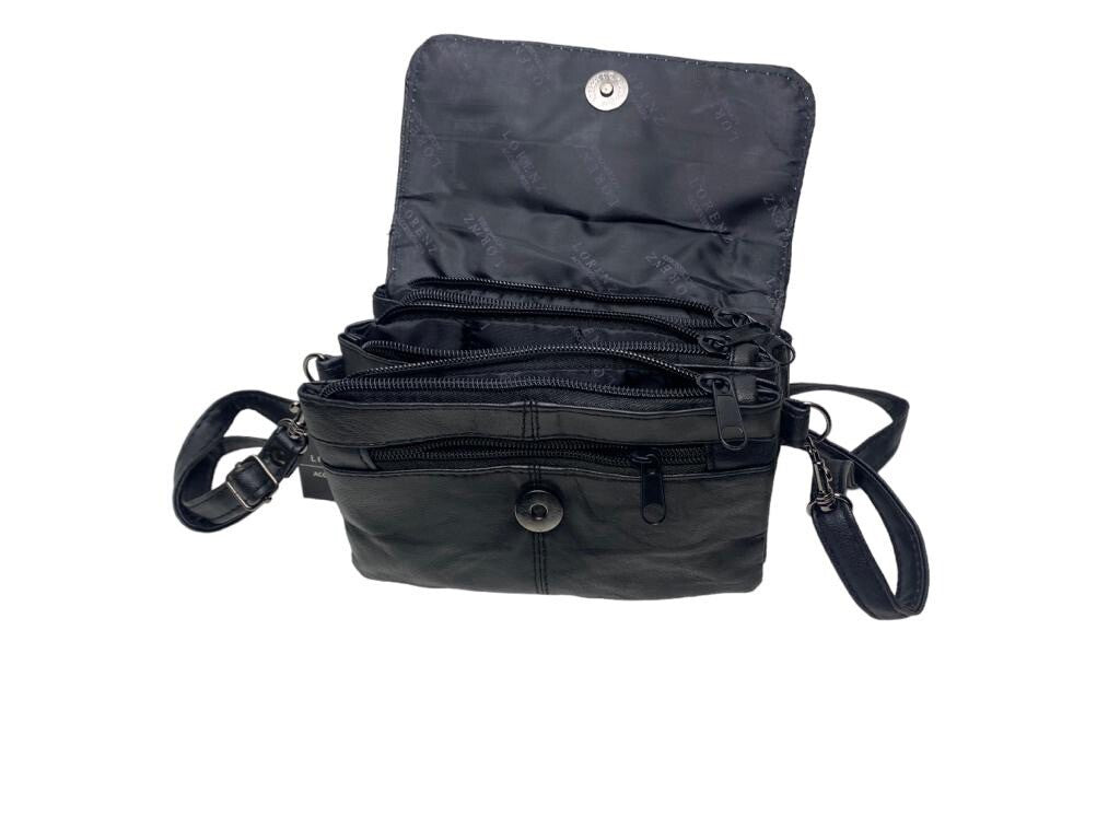 Lorenz Womens Soft Leather Purse Bag Clutch Triple Zipped Detachable Strap Black