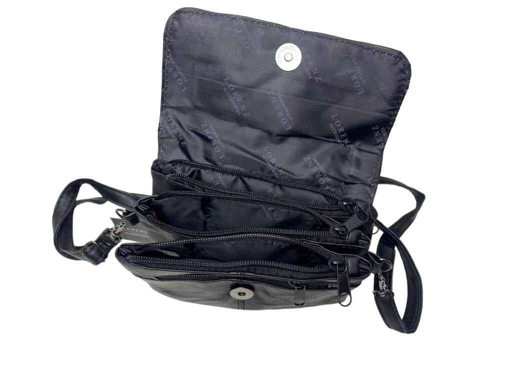 Lorenz Womens Soft Leather Purse Bag Clutch Triple Zipped Detachable Strap Black