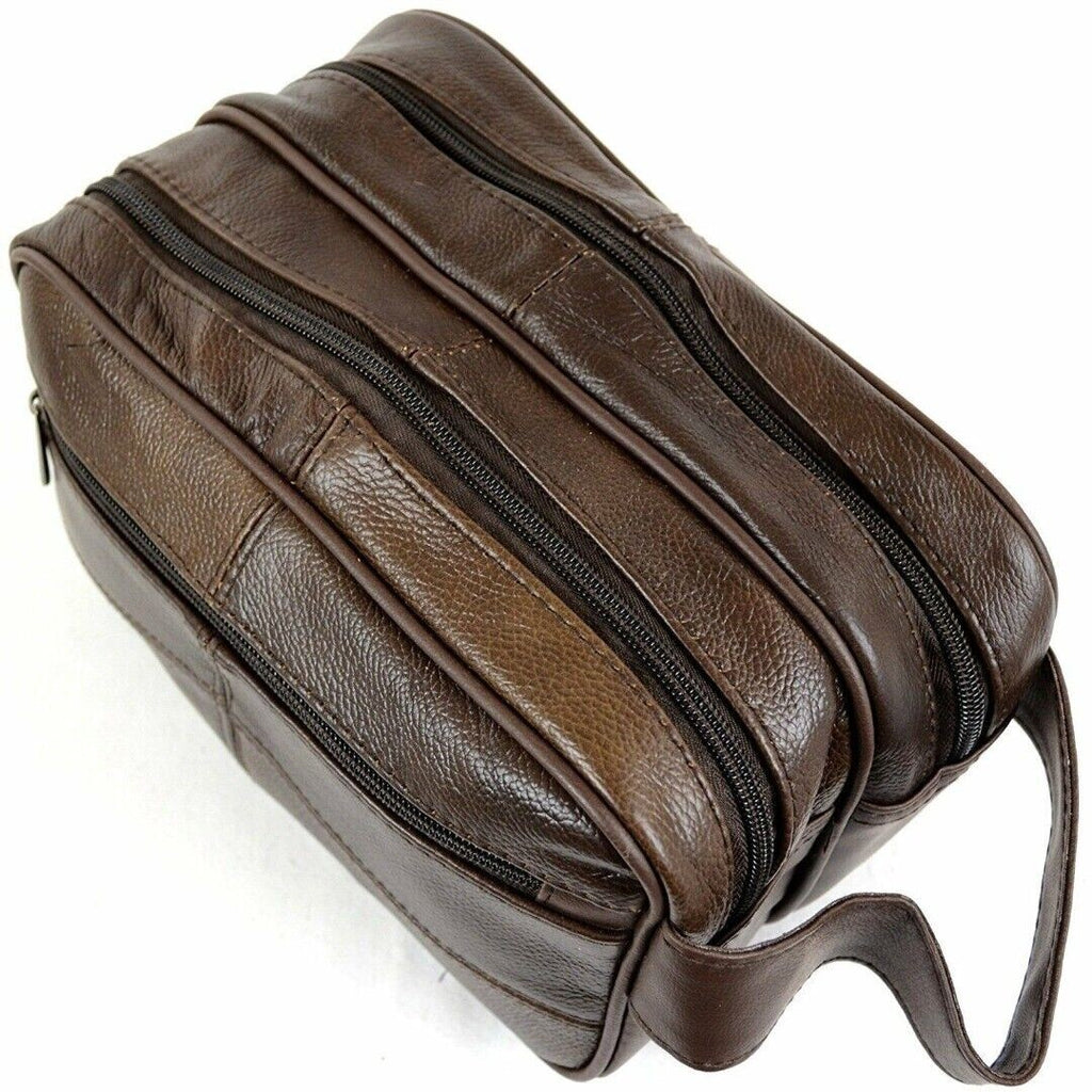 Lorenz Cowhide Leather Wash Bag Large Double Zipped Dark Brown Toiletries Travel